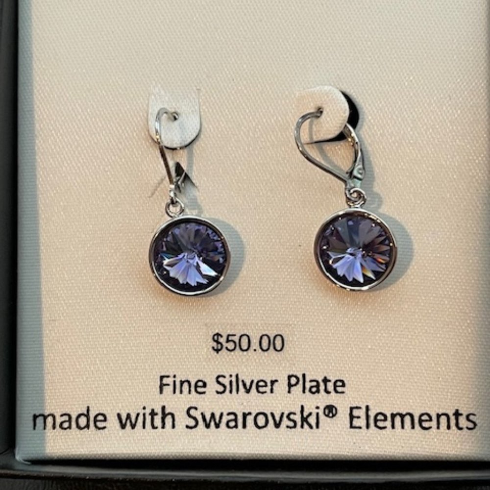 Elements pierced earrings-Silver plated with dangling Violet Swarovski crystals